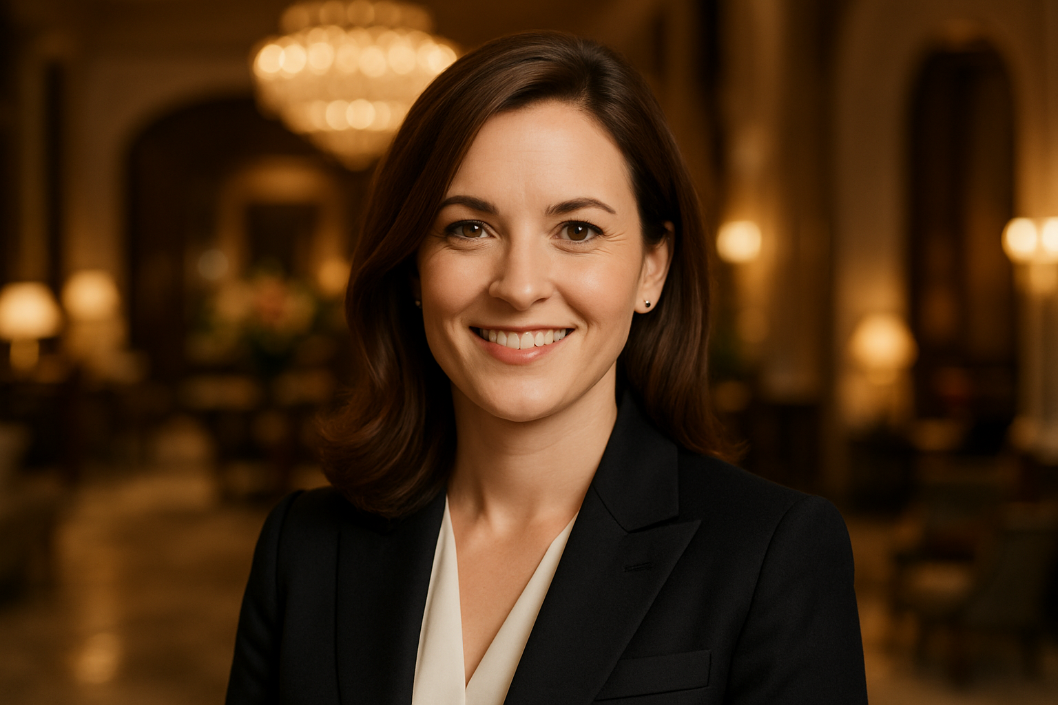 A woman with shoulder-length brown hair smiling in an elegant, warmly-lit room, dressed in a black blazer and white blouse.
