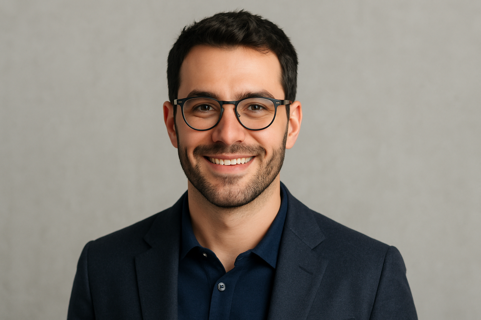 Headshot of a smiling young man with dark hair, glasses, and a beard, wearing a dark blazer and shirt, against a plain background.