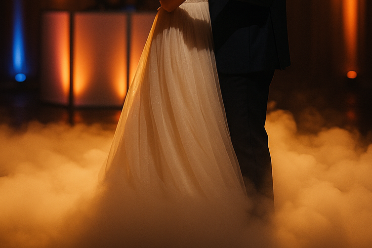 Close-up of a couple dancing, with a bride in a white gown and a groom in a dark suit, surrounded by a romantic, foggy atmosphere.
