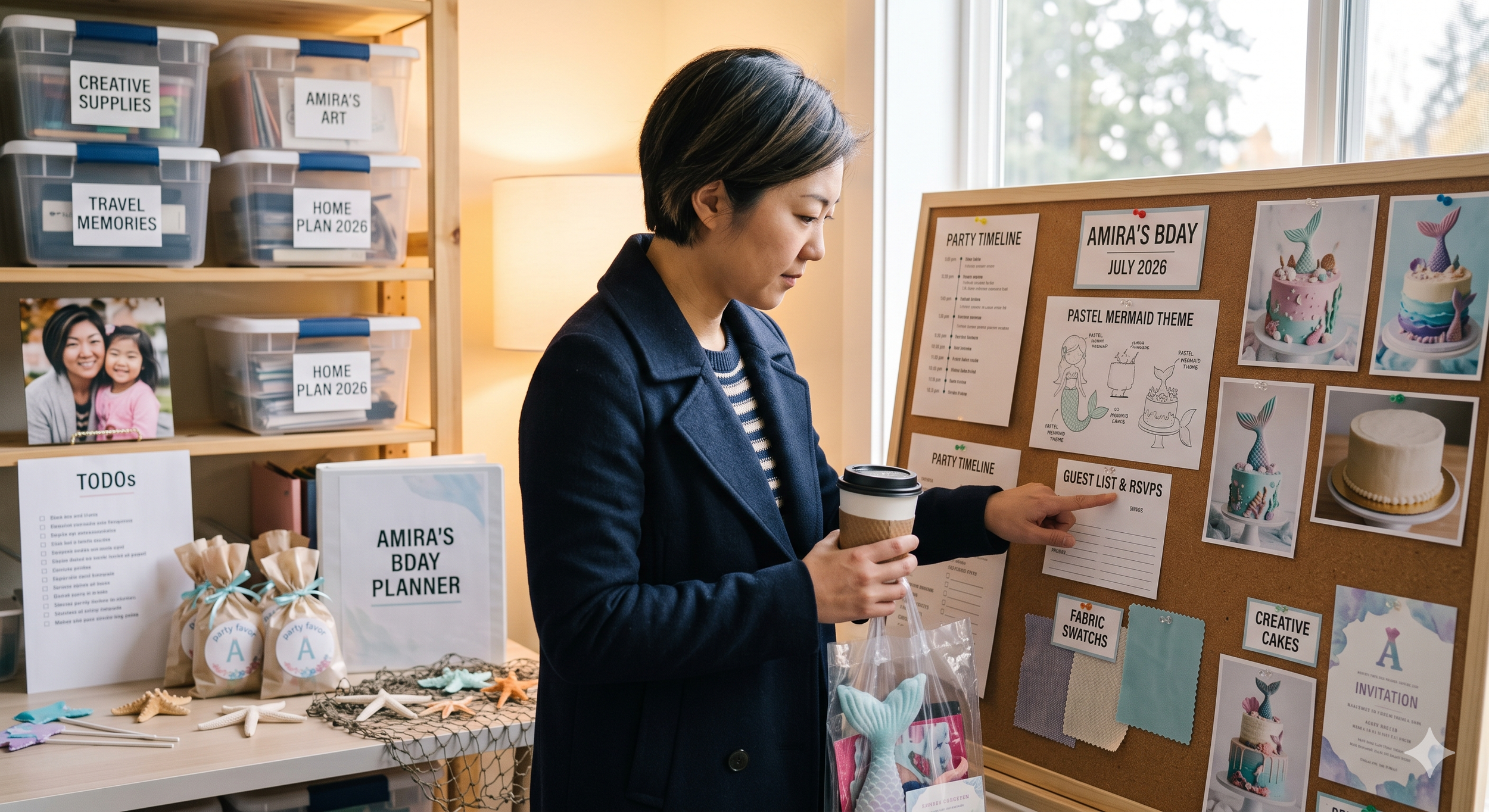 Woman looking at a corkboard filled with birthday party planning information and decorations, holding a coffee and shopping bag.