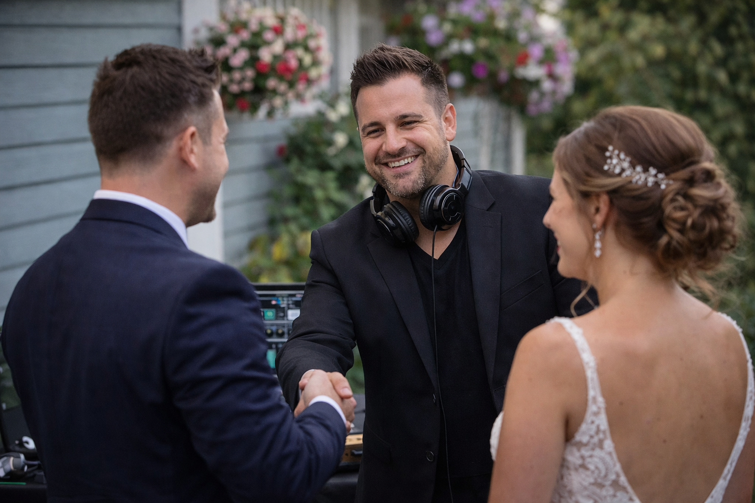 A groom and a bride shaking hands during their wedding ceremony, with a DJ smiling in the background.