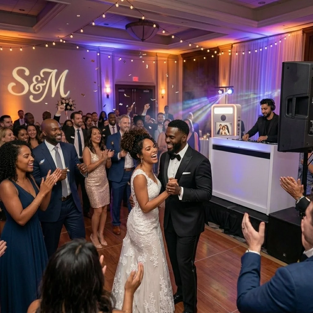 A bride and groom are dancing together at their wedding reception, surrounded by cheering guests, with colorful lighting and string lights overhead.