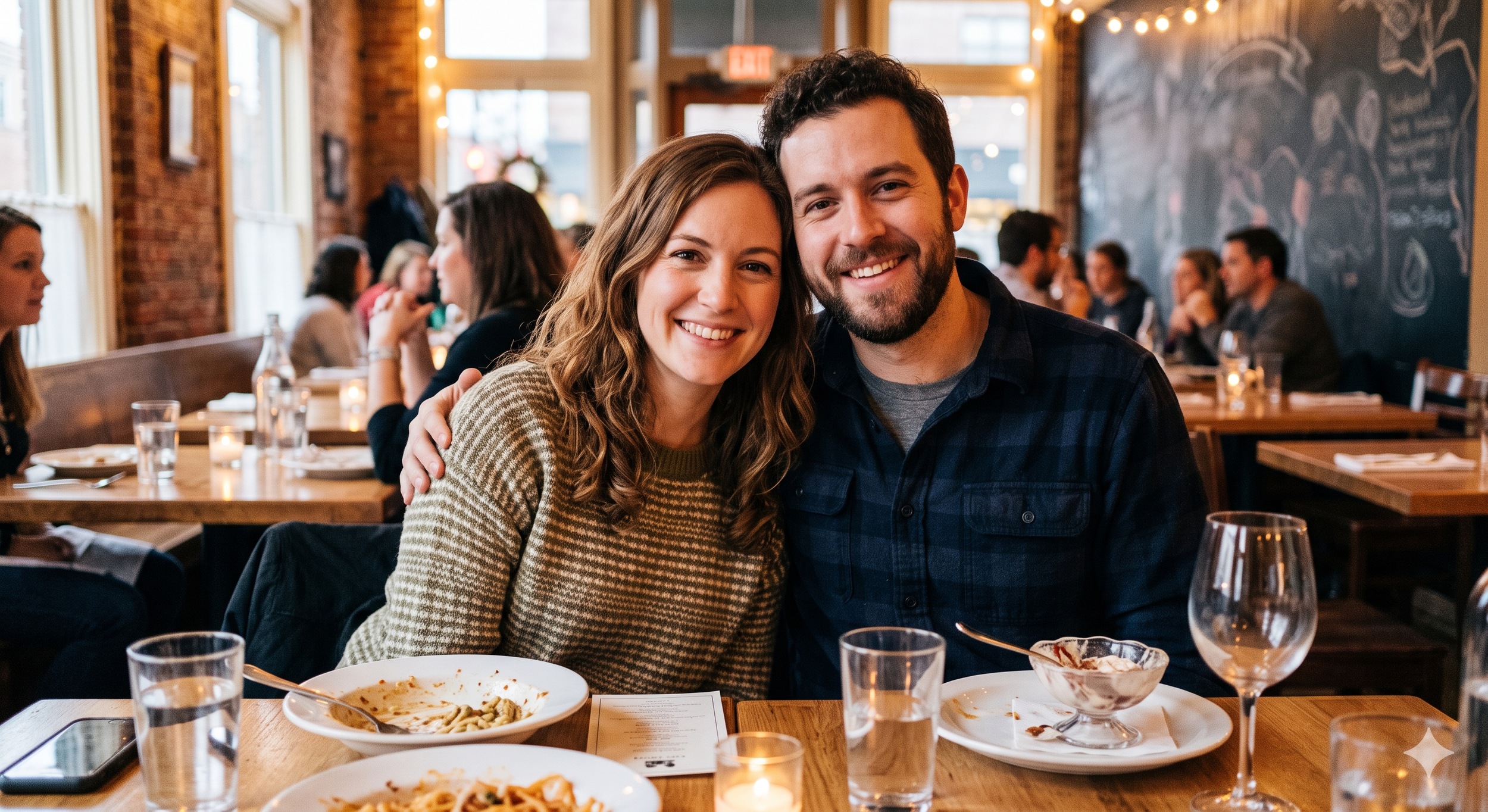 A smiling couple sitting at a restaurant table with empty plates and glasses, surrounded by other diners in a warmly lit, cozy ambiance.