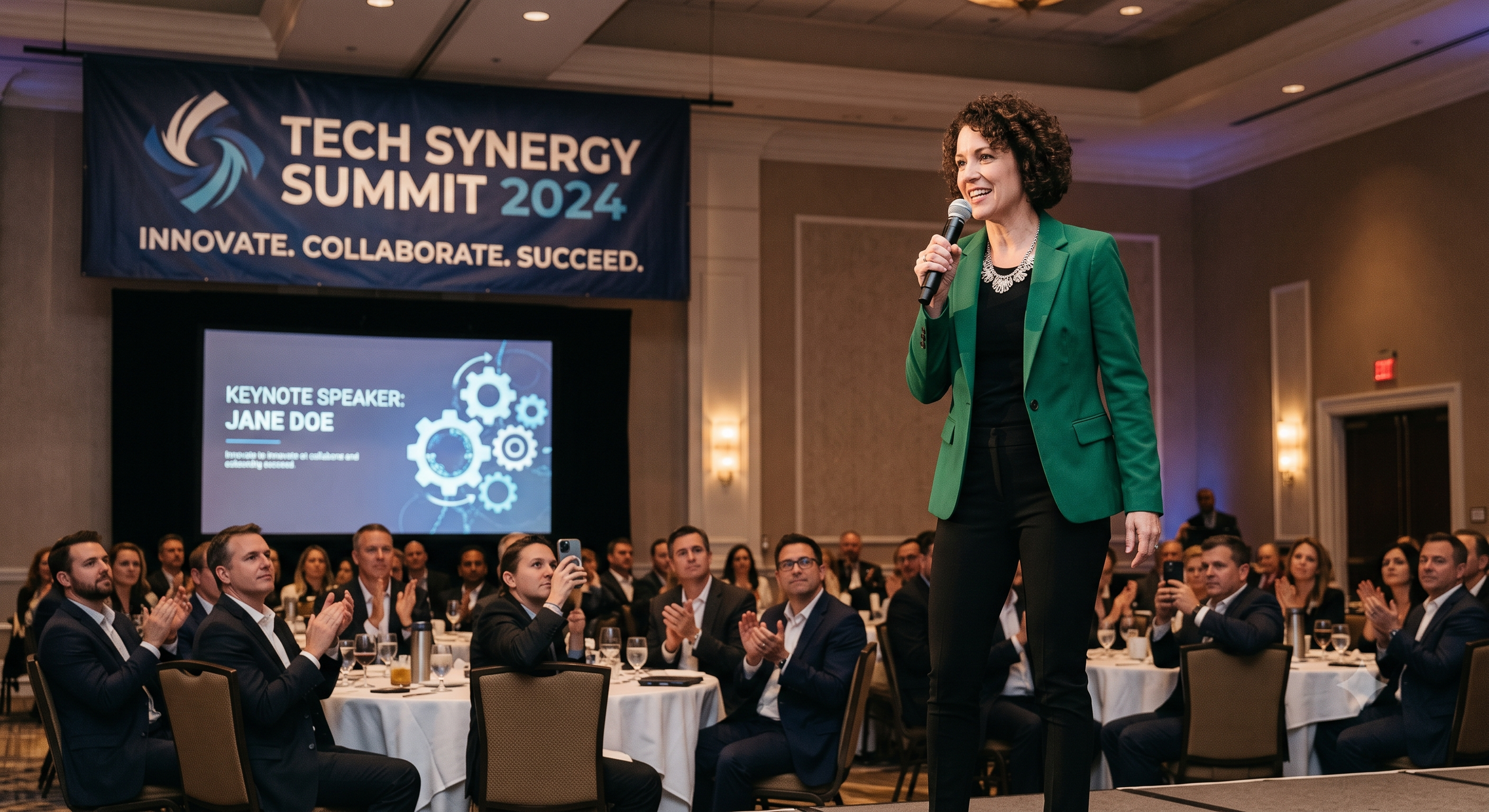 A woman in a green blazer speaking into a microphone at the Tech Synergy Summit 2024, with an audience seated at round tables. There is a large screen behind her displaying her name as the keynote speaker, Jane Doe, with gear icons and text about innovation and collaboration.