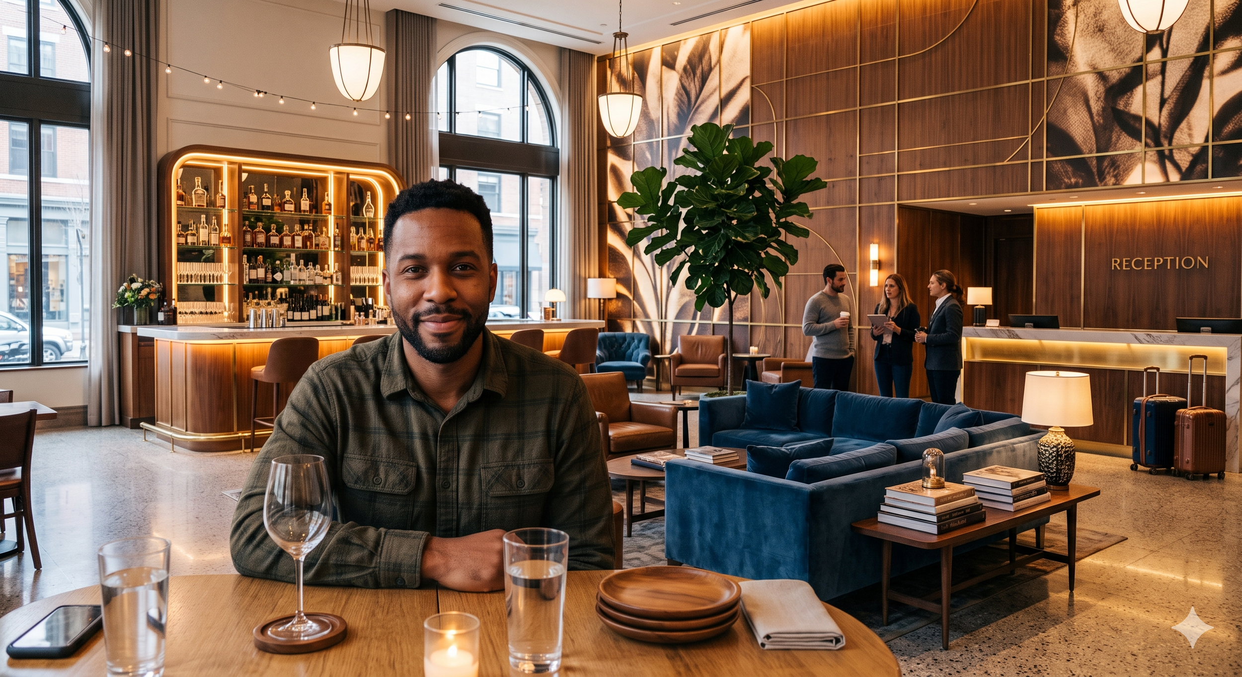 A man sitting at a restaurant or hotel lobby table with a glass of wine in front of him, smiling at the camera. The background features a bar, large windows, elegant lighting, a reception desk, and a group of staff members talking.