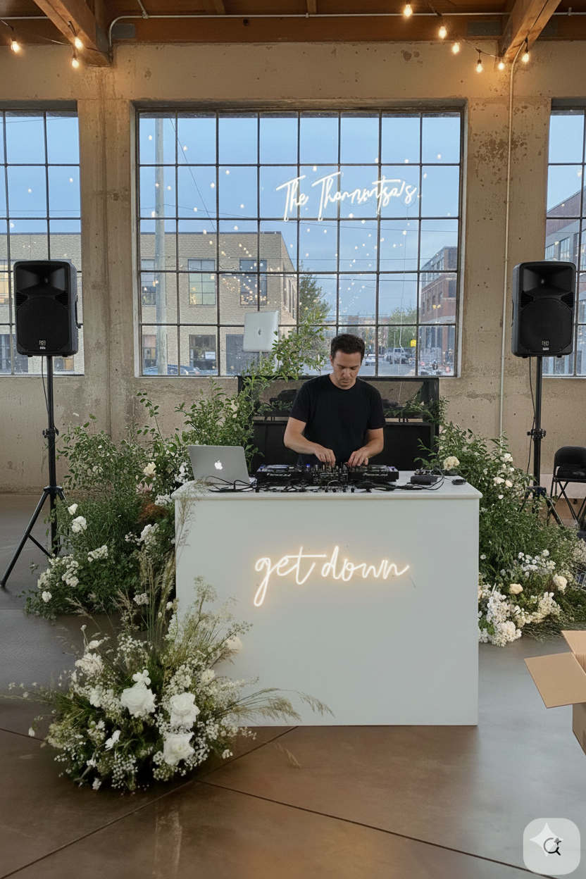 A DJ is performing in an industrial-style venue with large windows, decorated with flowers and neon signs that read "The Thomasmas" and "get down."