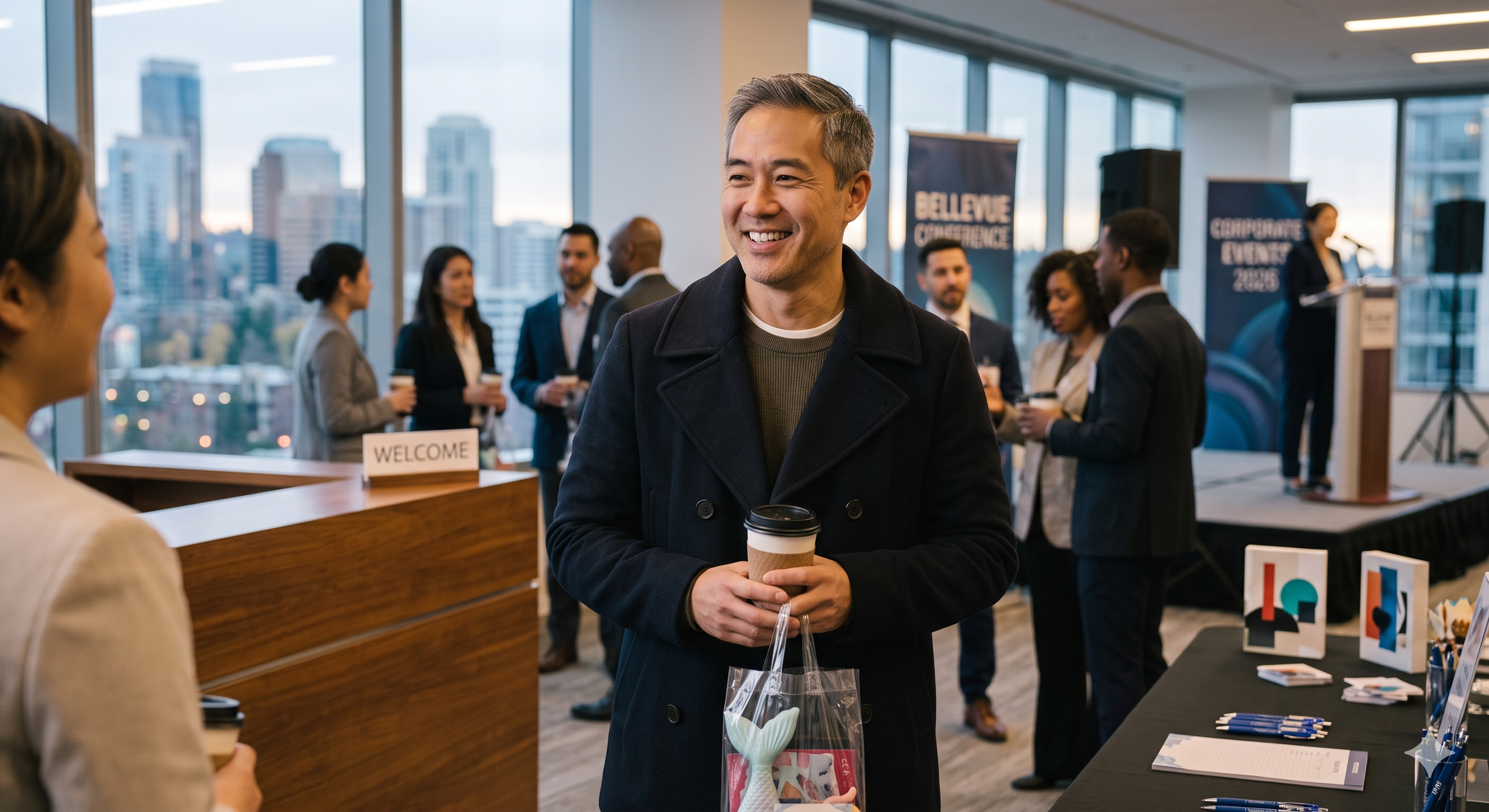 A smiling man holding a coffee cup at a corporate conference with several people in the background and city skyline outside large windows.