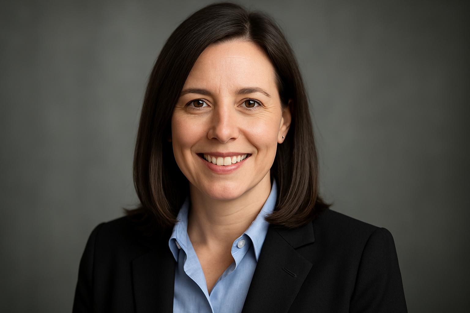 Professional woman with shoulder-length dark hair smiling, wearing a black blazer and light blue shirt, against a neutral gray background.