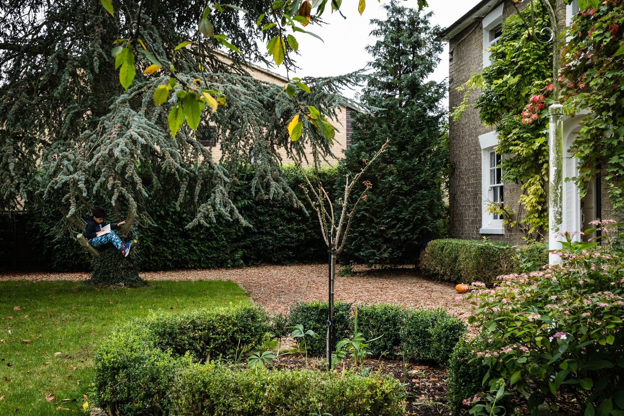 A child sitting on a tree swing reading a book in a well-maintained garden with various bushes, trees, and a brick house in the background.