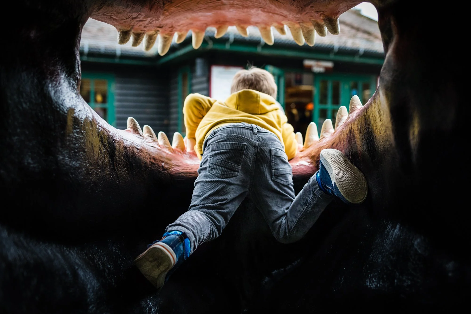 Child in a yellow hoodie climbing into the mouth of a large, realistic-looking dinosaur statue at a museum or exhibit.