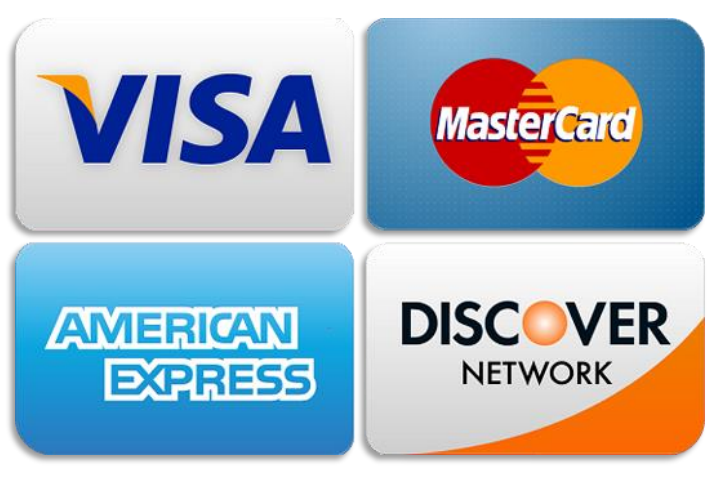 Four credit card logos: Visa, MasterCard, American Express, and Discover Network