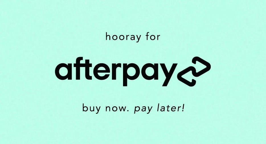 A promotional graphic with a light teal background. The text reads 'hooray for afterpay' with 'afterpay' in large bold letters and an arrow integrated into the letter 'y'. Below, it says 'buy now. pay later!' in smaller font.