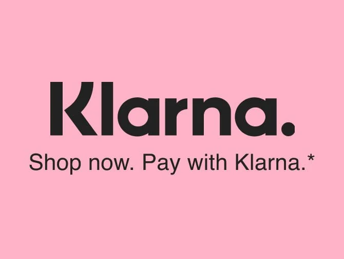 Pink background with black text that says "Klarna. Shop now. Pay with Klarna."
