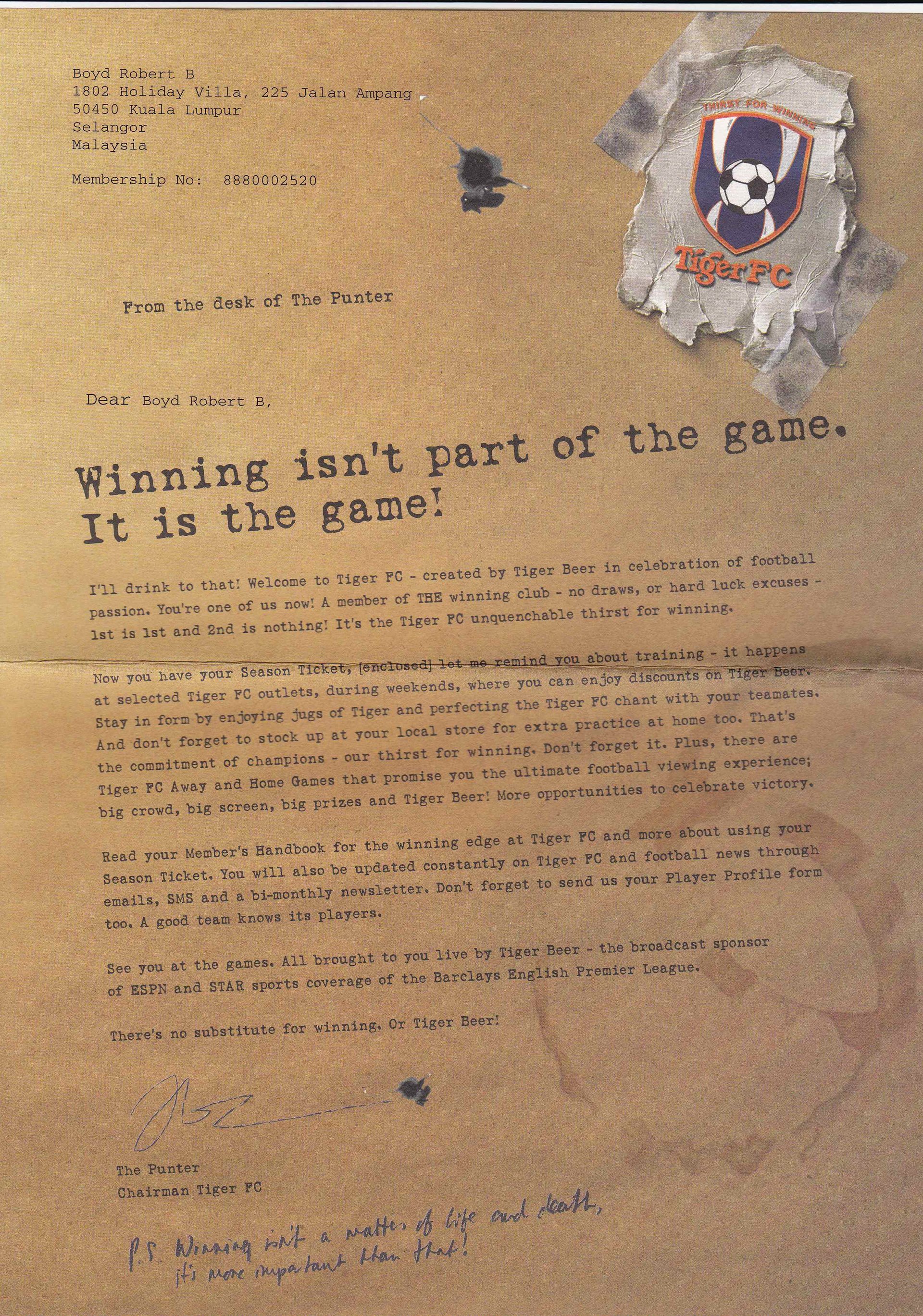 A letter from Tiger FC, signed by The Punter, the Chairman of Tiger FC.