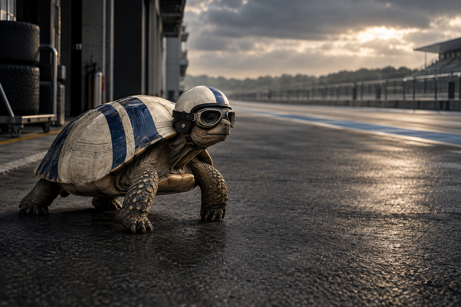 A tortoise in racing colours, wearing a helmet and goggles in a pit lane