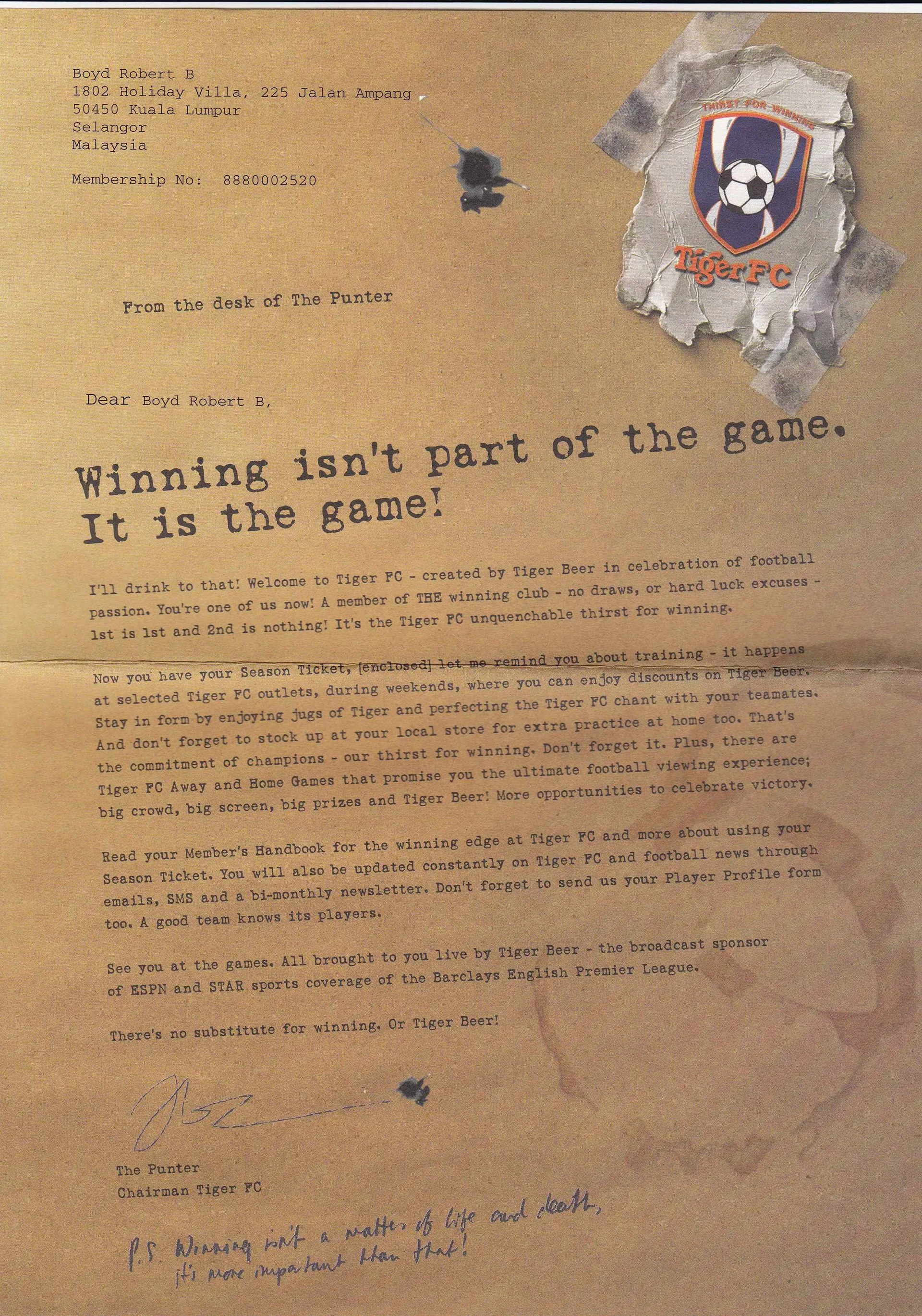 Tiger FC welcome letter