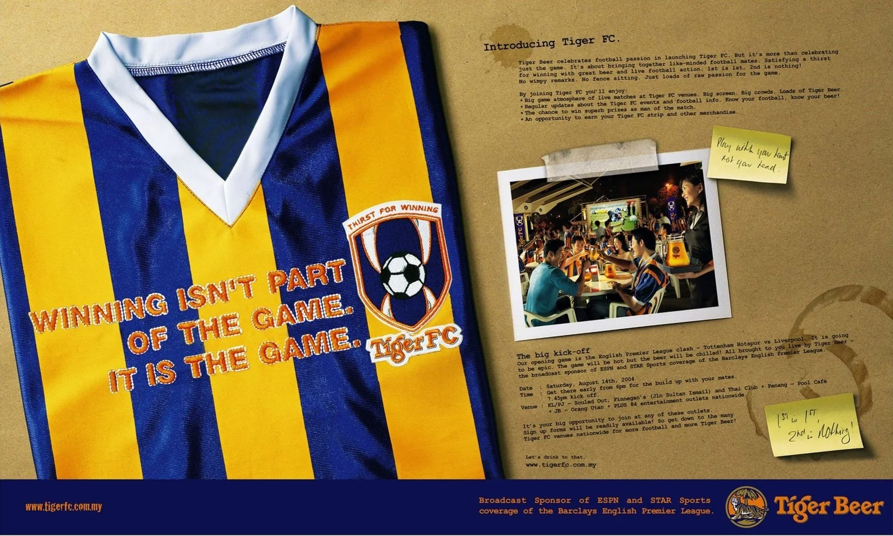 Yellow and blue Tiger FC football jersey with the slogan 'Winning isn't part of the game. It is the game.' and the Tiger FC crest. Tiger FC recruitment ad
