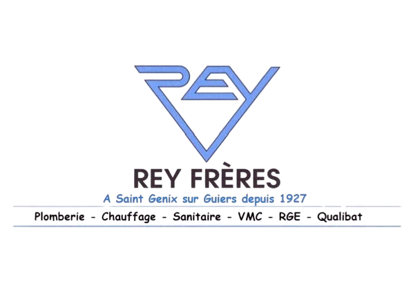 Logo de Rey Frères avec un design géométrique en bleu et texte indiquant "Rey Frères depuis 1927"