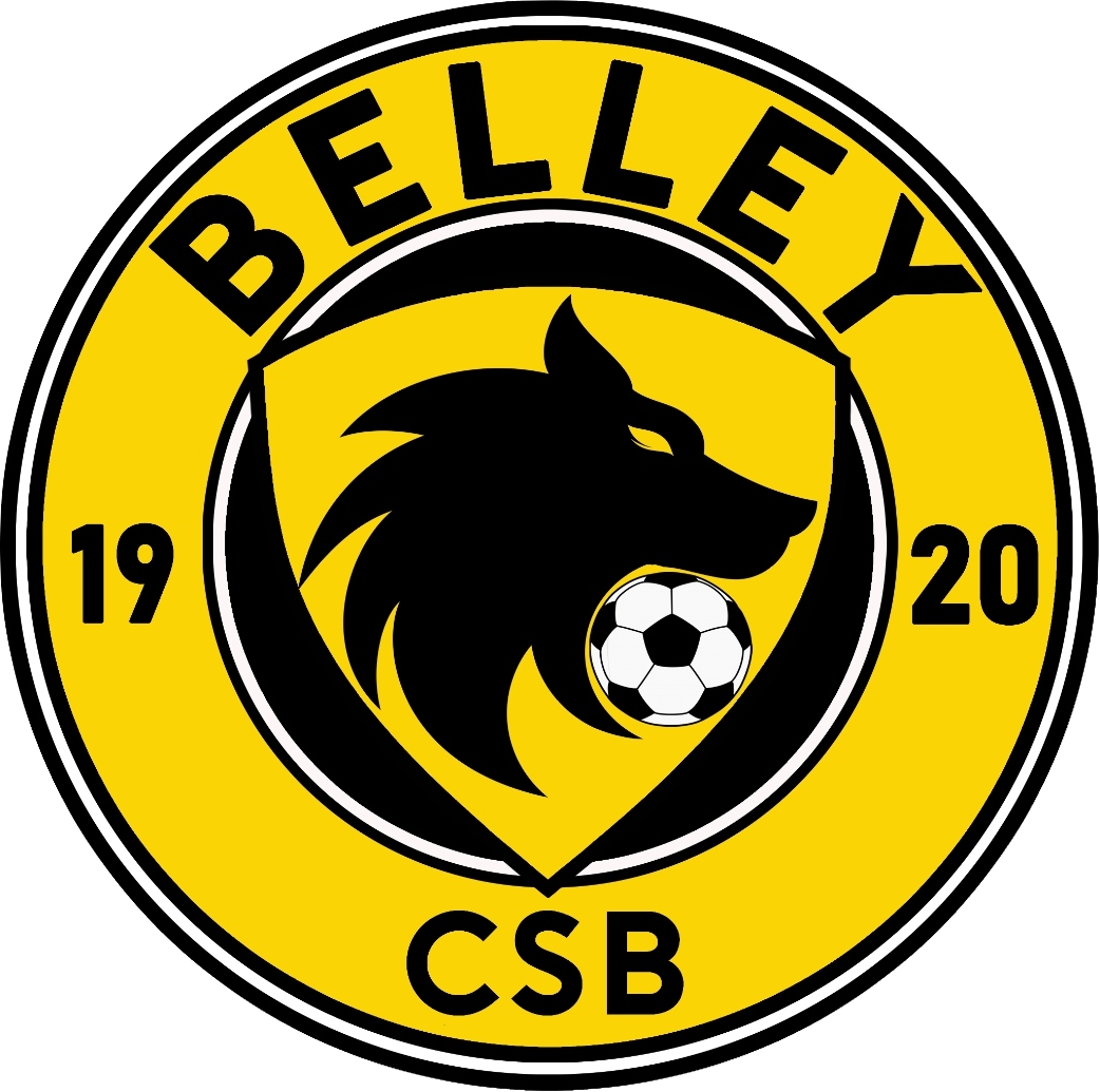 Logo d'un club de football avec un contour jaune, un lion noir stylisé, une balle de football au centre, et les mots "Belley CSB" accompagnés de "1920."