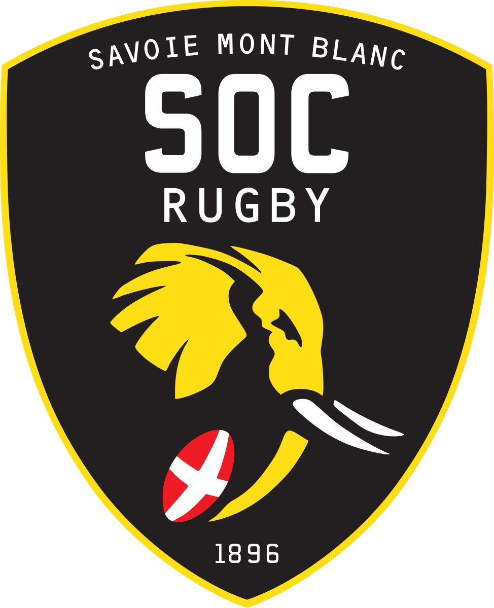 Logo avec fond noir, lion stylisé en jaune, ballon rouge et blanc, texte "SAVOIE MONT BLANC SOC RUGBY 1896".