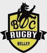 Logo de BOC Rugby Belley avec un dragon noir sur fond jaune et texte en noir.