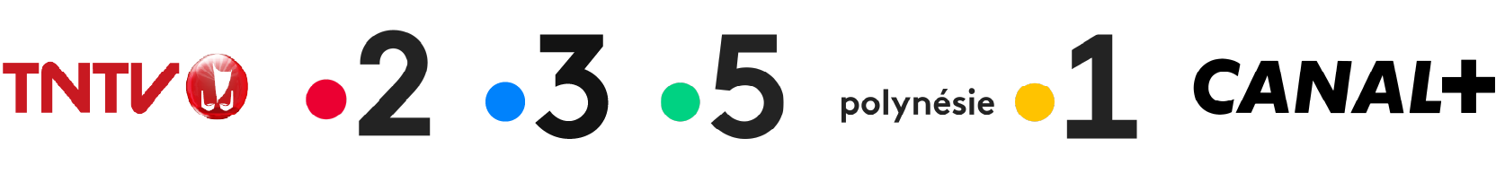 Logos des chaînes de télévision : TNTV, France 2, France 3, France 5, Polynésie La 1ère, et Canal+.