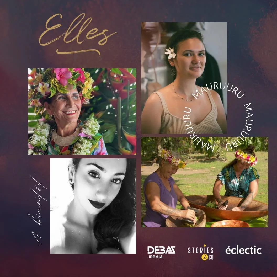 Une composition de cinq photos de femmes, dont certaines portent des colliers de fleurs, sur un fond coloré avec des écritures en français telles que 'Elles', 'À bientôt', et des logos en bas