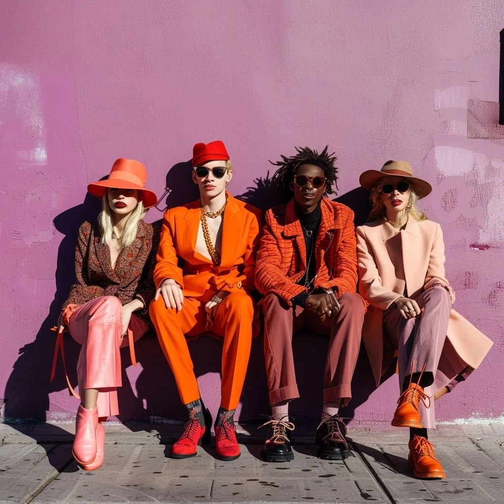 Four women sitting against a pink wall, dressed in colorful fashion with hats, sunglasses, and vibrant clothes.