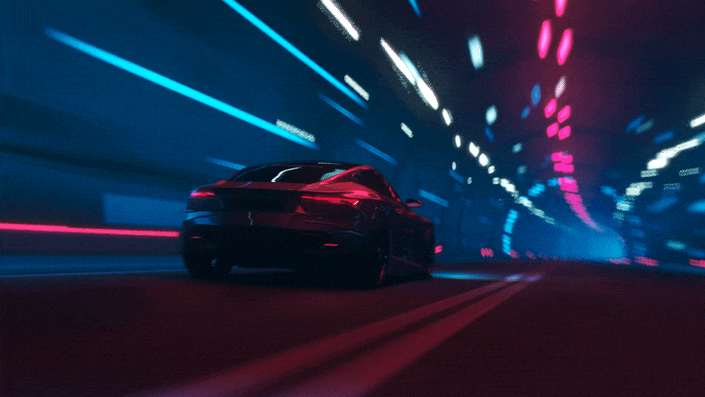 A black sports car driving through a futuristic tunnel with colorful neon lights in shades of blue, pink, and white.