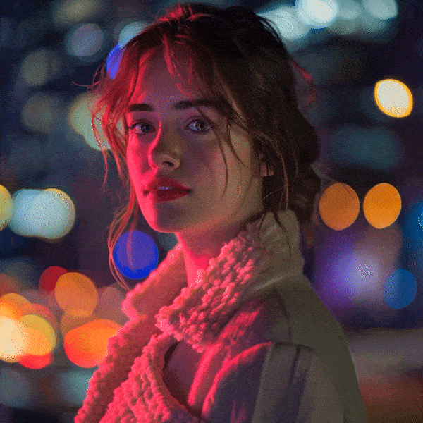 A young woman with short wavy hair stands against a background of colorful city lights at night, illuminated by pink and blue lighting, wearing a knitted scarf and jacket.