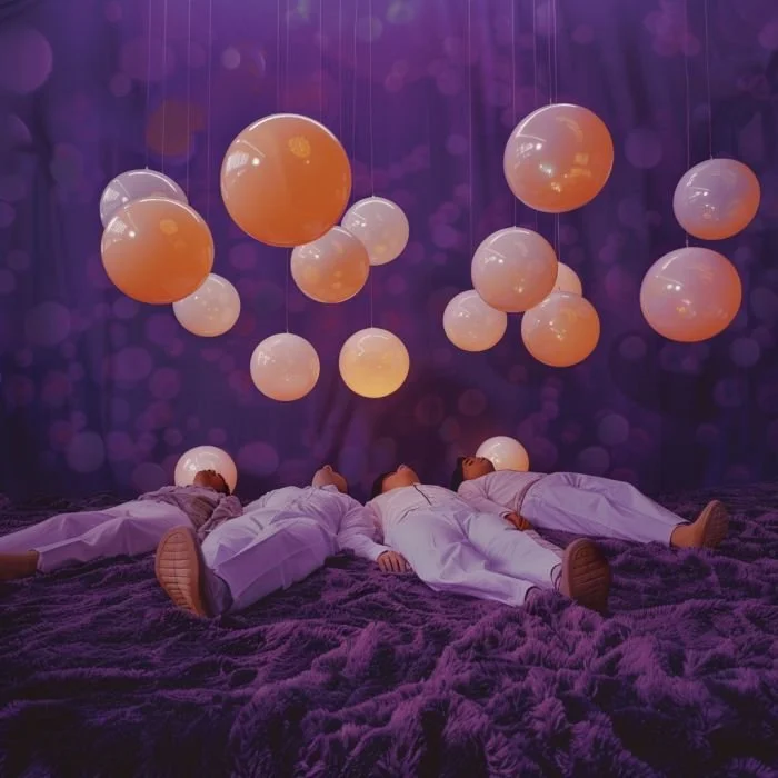 Four people dressed in white lying on a purple textured surface, with balloon-like lights hanging from above against a purple background.