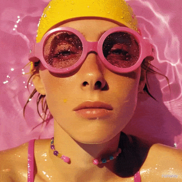 A woman with wet hair wears pink sunglasses and a yellow swim cap, lying on a pink pool float with water droplets on her face.