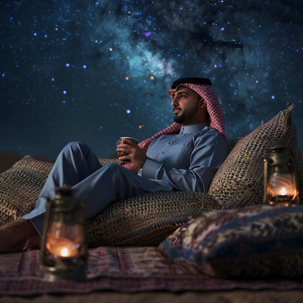 A man in traditional Middle Eastern attire, sitting on cushions with lanterns around, gazing at a starry night sky.