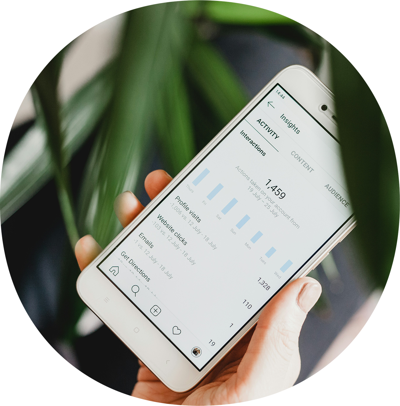 Close-up of a hand holding a smartphone displaying an app with activity insights including stats on actions taken, profile visits, website clicks, emails, and directions, with a background of green plant leaves.