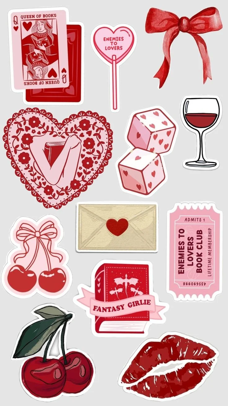 A collection of Valentine's Day themed stickers, including playing cards, a lollipop with the text "Enemies to Lovers," a red bow, a wine glass, a heart-shaped lace doily with a book, dice with hearts, a pink ticket labeled "Enemies to Lovers Book Club," cherries, a book titled "Fantasy Girlie," a kiss mark, an envelope with a heart, and lipstick kisses.