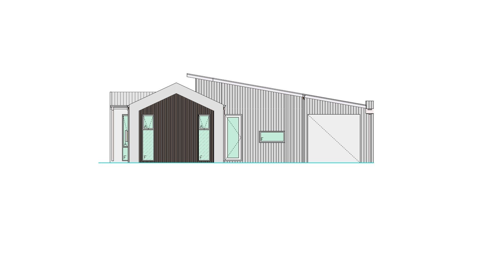 Architectural elevation drawing of a modern house with a gabled roof, including multiple windows and a sliding door, featuring a mix of vertical siding and dark accent materials.