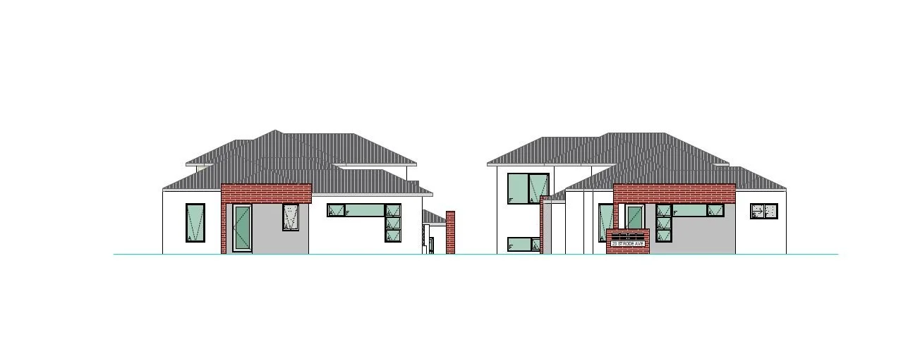 Architectural elevation drawing of two modern houses with flat and sloped roofs, large windows, and brick and gray exterior walls.