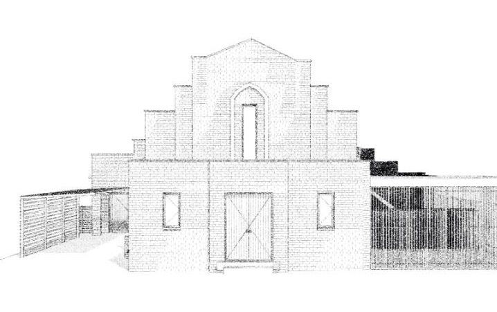 Architectural drawing of a building with a central doorway, brick exterior, and stepped design elements.