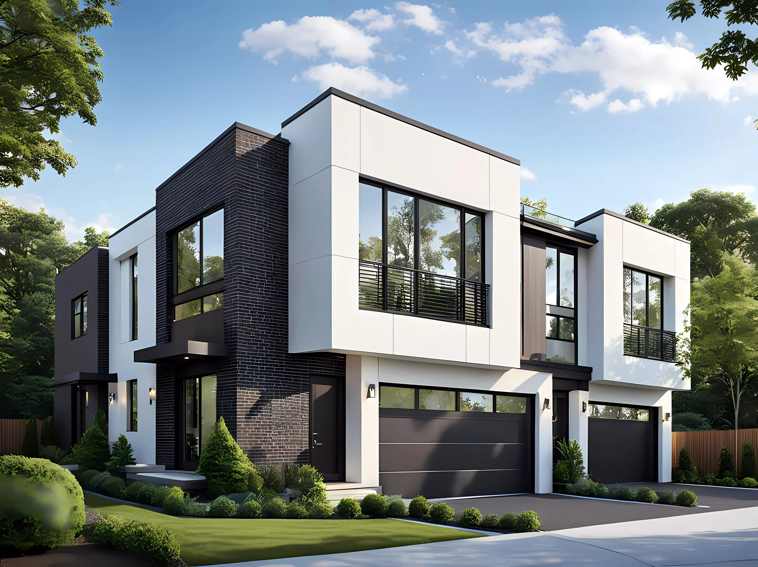 Modern multi-story house with black and white exterior, large windows, and a well-maintained front yard with shrubs and trees, under a partly cloudy sky.