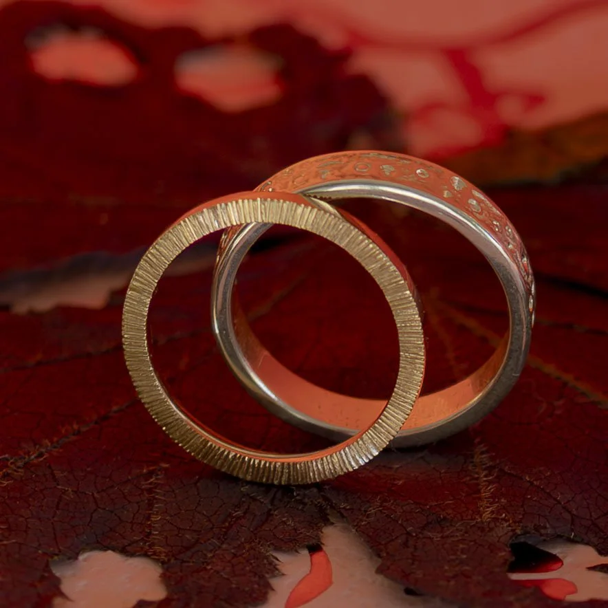 Photo de deux alliances dorées et argentées en équilibre sur un fond orangé. On aperçoit en arrière des formes de feuilles dentelées. Par Lisa Gouillet.