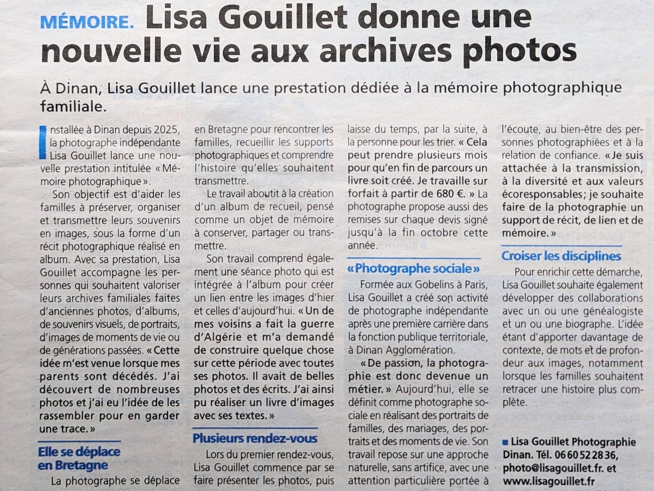 Il s'agit d'un article de journal parlant de Lisa Goullet, une photographe indépendante basée à Dinan, lançant une prestation de mémoire photographique familiale. Le texte mentionne ses objectifs et ses activités.