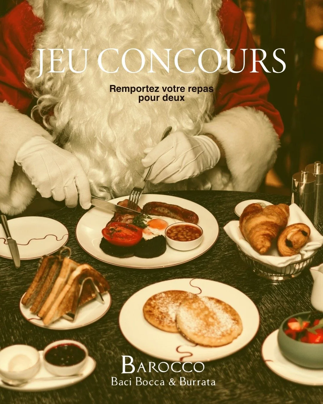 🎄✨ Jeu concours sp&eacute;cial No&euml;l chez Barrocco ! ✨🎄

Et si vous c&eacute;l&eacute;briez les f&ecirc;tes autour d&rsquo;un bon repas italien ? 🇮🇹
Barrocco vous offre la chance de gagner un repas complet pour deux, &agrave; savourer dans un