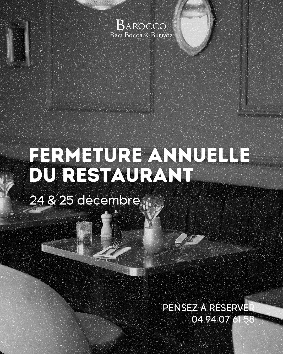 L&rsquo;agenda du Barocco :

24 &amp; 25 D&Eacute;CEMBRE - FERMETURE
On se retrouve apr&egrave;s les f&ecirc;tes pour encore plus de moment chaleureux ✨