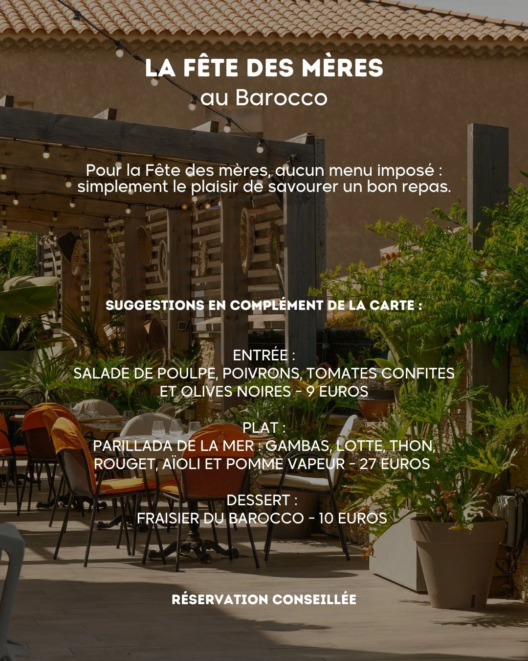 F&ecirc;te des m&egrave;res au Barocco 🌸

Pas de menu impos&eacute;.
Juste le plaisir de bien manger.

Pour l&rsquo;occasion, quelques suggestions en plus de la carte ! 

&Agrave; midi comme le soir, venez en famille, entre proches et profitez simpl