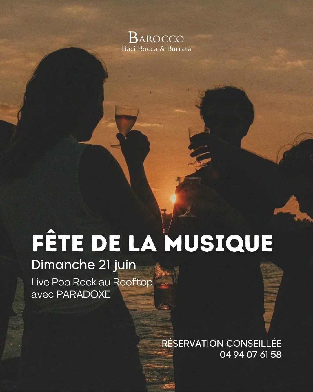 F&Ecirc;TE DE LA MUSIQUE 
AU BAROCCO

Le 21 juin, soir&eacute;e Pop Rock live 
avec le groupe PARADOXE 🎸

Rooftop, coucher de soleil, cocktails et bonne humeur&hellip;
tout est r&eacute;uni pour c&eacute;l&eacute;brer l'&eacute;t&eacute; en musique 