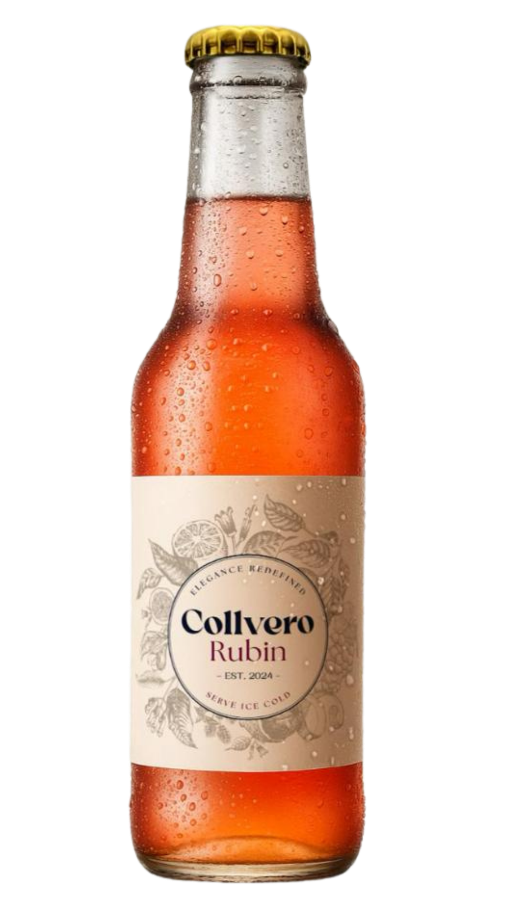 Eine Flasche mit rotem Getränk und Wassertröpfchen, beschriftet mit "Collvero Rubin" und einem Etikett mit Zitronen