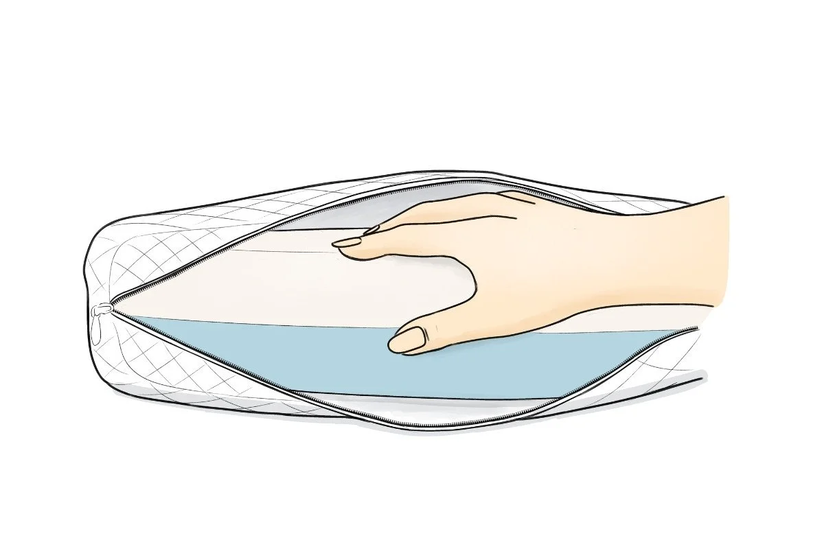 Person adding a memory foam layer into an adjustable Mylevel pillow