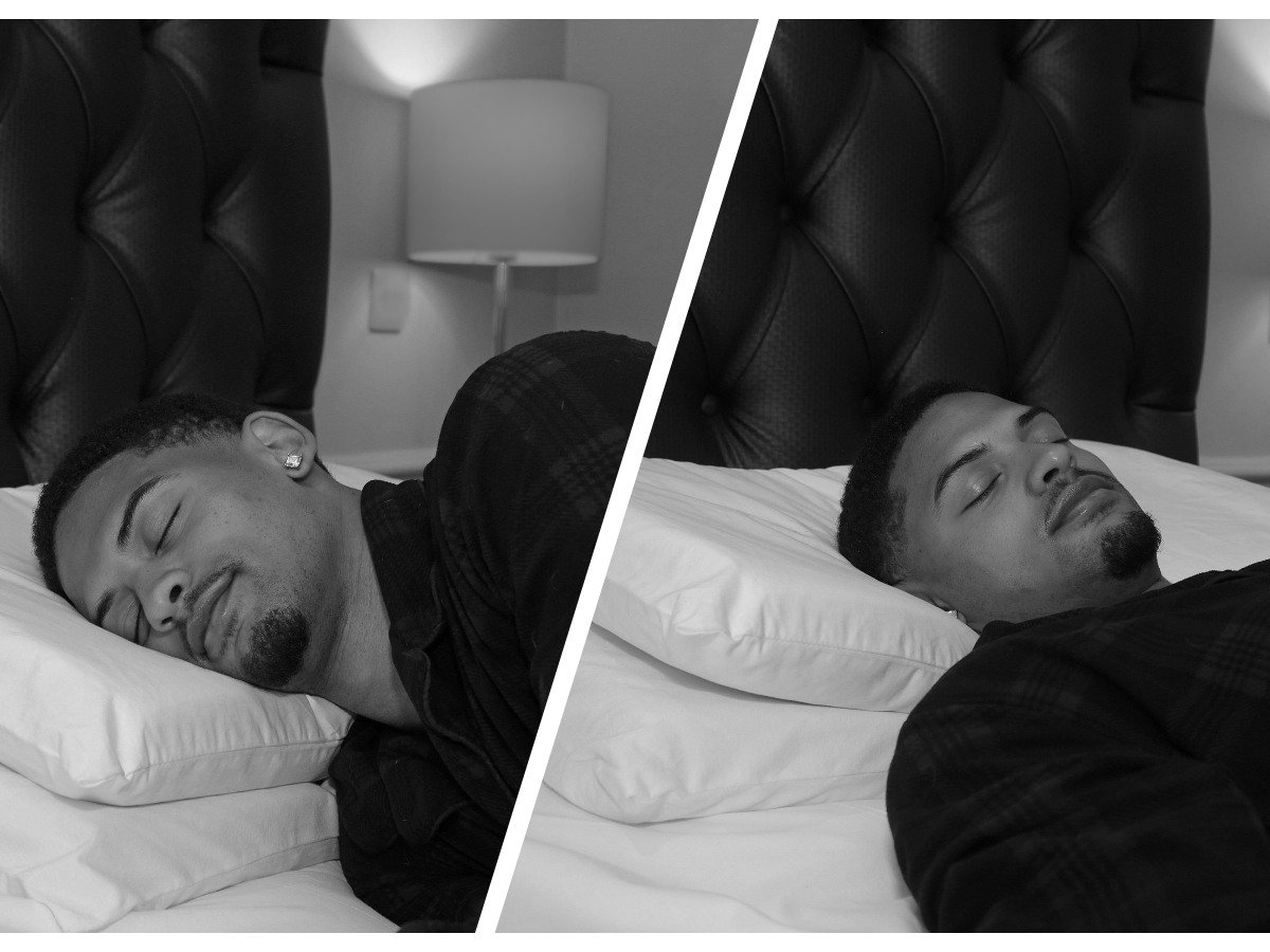 Man wih broad shoulders sleeping in both side sleeping and back sleeping positions with good alignment due to his use of an adjustable under pillow