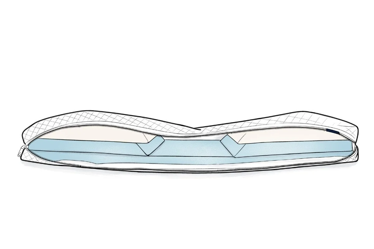 Mylevel Combi under pillow with zip open to show the removable layers that allow side sleeping and back sleeping heights to be customised