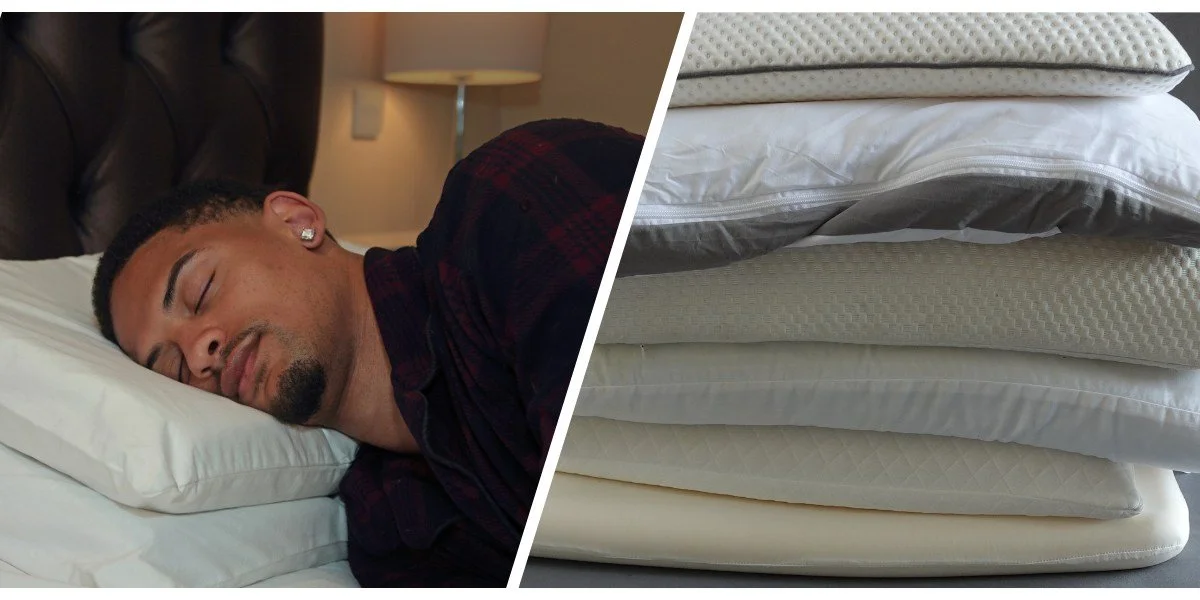 Heap of old pillows next to iamge of someone sleeping on an adjustable pillow set up that suits their shoulder width.